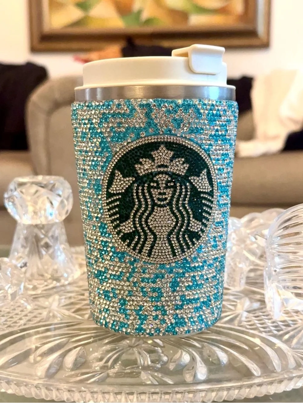 BeautTurquoise& Silver Rhinestone Bling Blue White TemperatureCheck Tumbler
